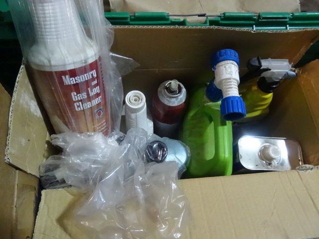 lot 160 image: NEW LOT Qty 16 Various Cleaning Supplies incl. Masonary Log Cleaner, Minwax Hardwood Floor Cleaner, House and Deck Was, Brush Cleaner, Glass Cleaner, Humidifier Treatment and DIF Wallpaper Stripper  2 FULL BOXES