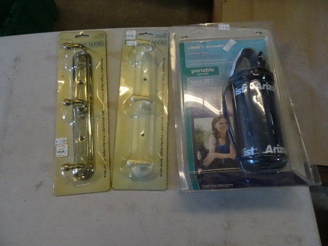 lot 12 image: NEW Lot incl. Arizona Misting Bottle Portable Cooing System and qty 2 - 3 hook decorative coat hangers