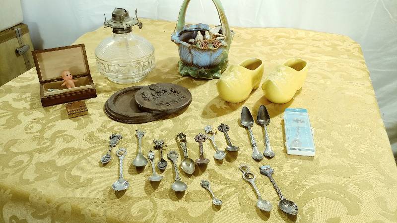 Kerosene Lantern, misc. Dcor, and Decorative Spoons