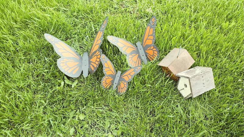 Metal Butterflies and Bird Houses