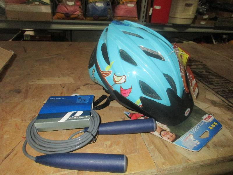lot 30 image: new kids bike helmet and jump rope