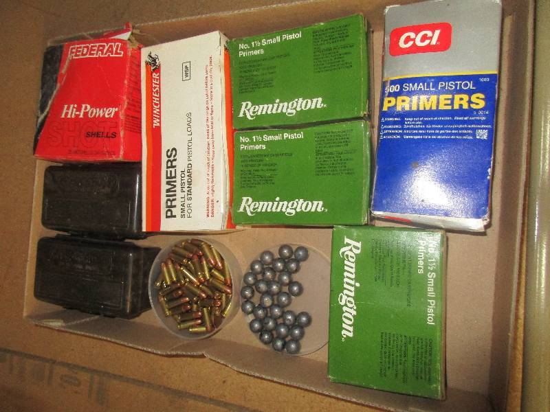 lot 66 image: 60 rounds 25 cal - 25 steel balls - 5 boxes primers - 1 full box 12 gauge - 74 rounds 38