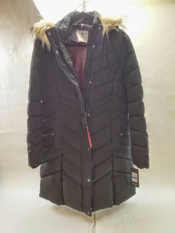 lot 15 image: Tommy Hilfiger Chevron Quilted Coat with Faux Fur Collar Womens Coat - XL Black NEW WITH TAGS