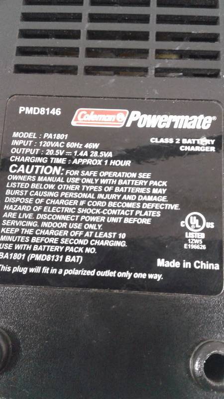 Coleman powermate 18v pmd8131 best sale battery charger