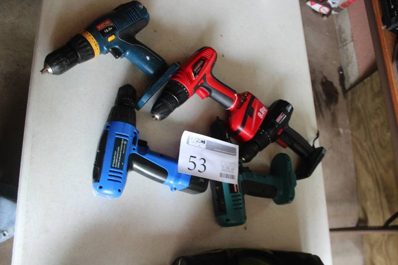lot 53 image: Lot of (5) Cordless Drills Includes Ryobi HP1802M, Durabuilt, Coleman Powermate, Craftsman