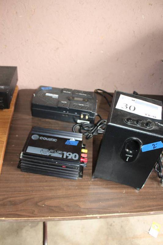 lot 30 image: Lot of (3) Electronics Includes Coby Speaker, Coustic MP 190 Amp, Minuteman EN900-SB UPS