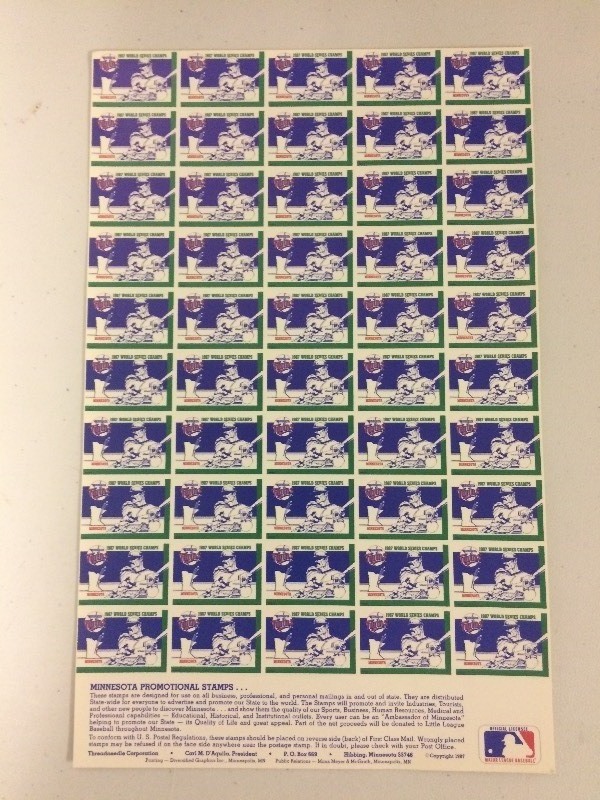 lot 9 image: 50 MN Twins 1987 World Series Champs Stamps - 1 Sheet