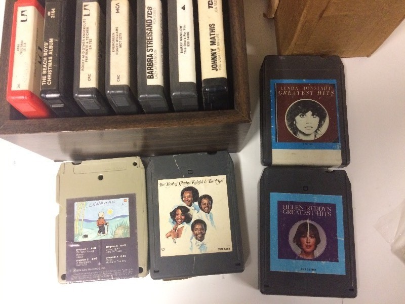 lot 43 image: 46 8 Track Cartridges with Wooden Storage Box