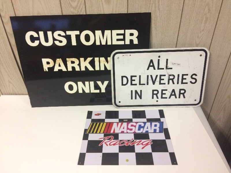 lot 65 image: Metal Signs - Nascar, Customer Parking, All Deliveries in Rear