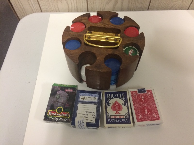 lot 73 image: Poker Chips with Wooden Caddy and Playing Cards