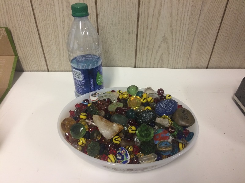lot 93 image: Dish full of Vase Filler - crystals, marbles, etc.