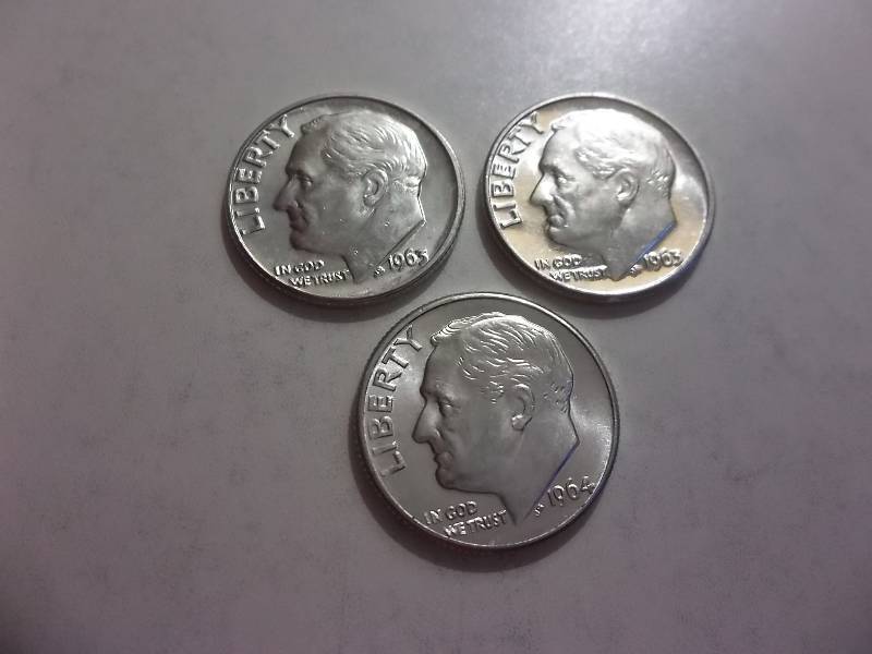 1963 D, 1963 D, 1964 D Roosevelt Dimes All MS