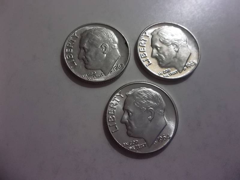 1962 D, 1963 D, 1964 D Roosevelt Dimes All MS