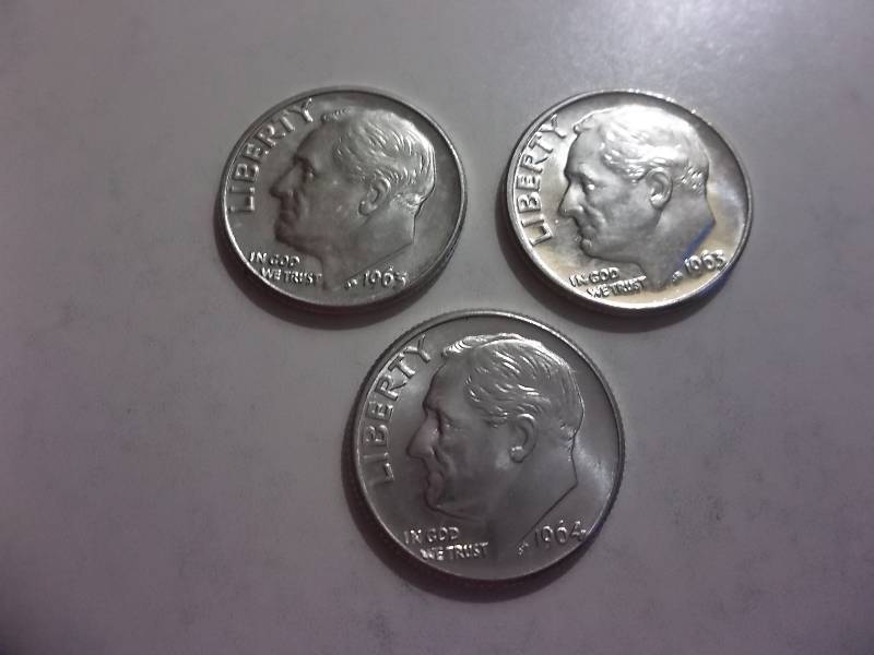 1963 D, 1963 D, 1964 D Roosevelt Dimes All MS