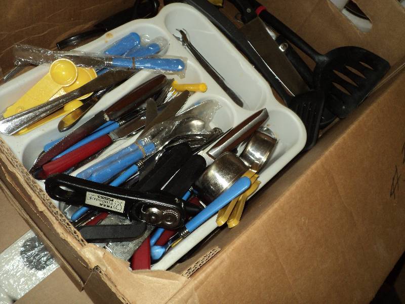 lot 75 image: box of silverware and coffee maker...