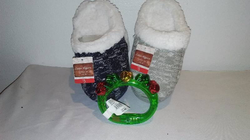 lot 53 image: Womens Slippers, Size SM (2) and Handle Jingle Tambourine