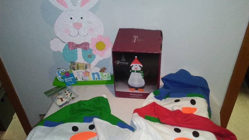 lot 63 image: Holiday Dcor, 6 ft. Inflatable Penguin, Chair Back Covers and more
