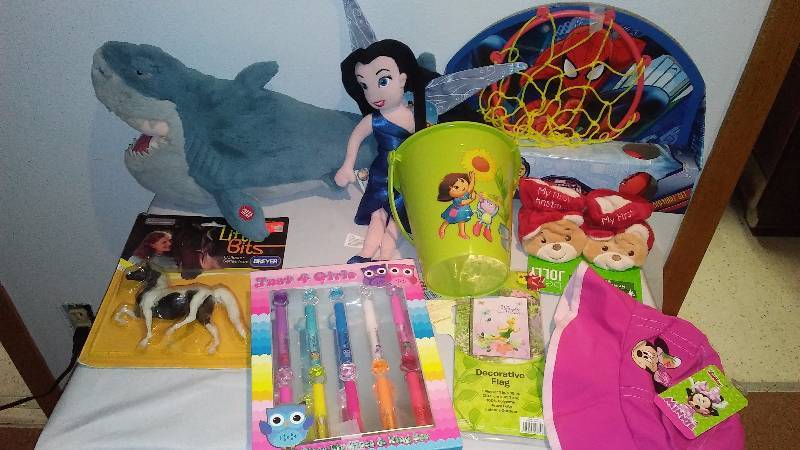 lot 67 image: Name Brand Youth Toy lot, talking shark, play makeup, Disneys Silver Mist Fairy and Dora bucket More