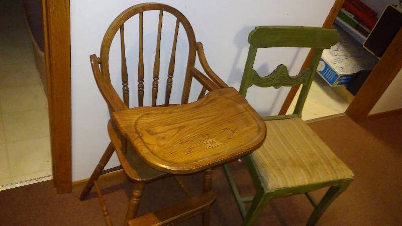 lot 79 image: Vintage Chair, slight wobble, and wood High Chair, tray is cracked, Great for upscale or display