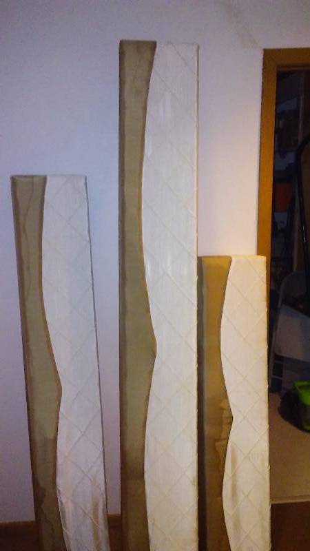 lot 82 image: Window Cornice Valance (3), need cleaning or recovering, 11w x 4 D x 52, 66, and 84 long