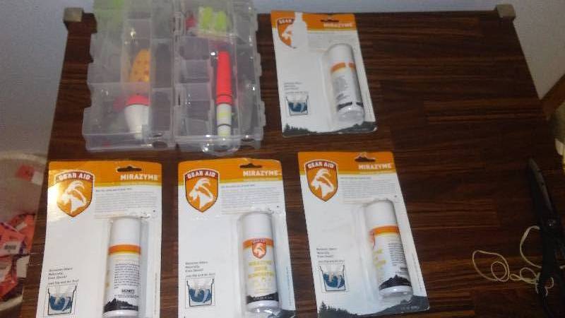 lot 193 image: Mini Tackle Boxes with gear (2) and Mirazyme Odor Remover (4)