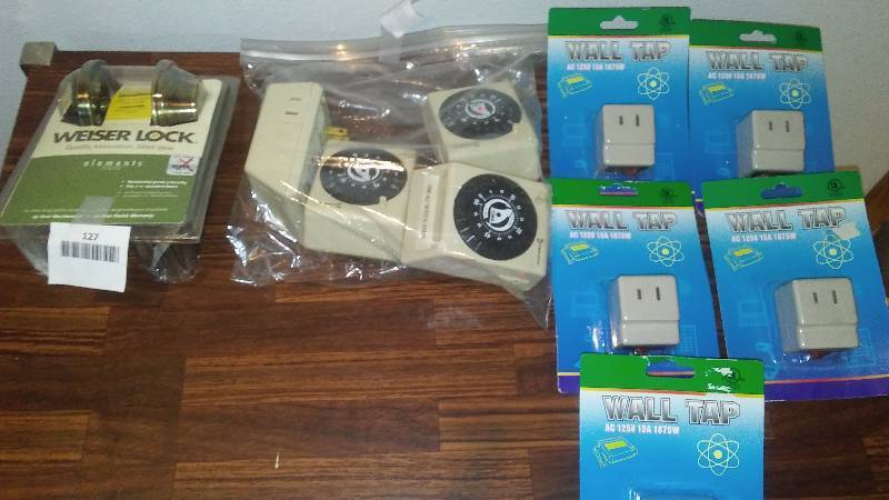lot 199 image: Wall Tap Outlets (5) Indoor Timers by Intermatic (4) and Deadbolt by Weiser
