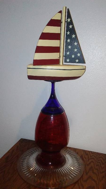 lot 227 image: Yard Garden Cabin Art, Red White and Blue Sail Boat