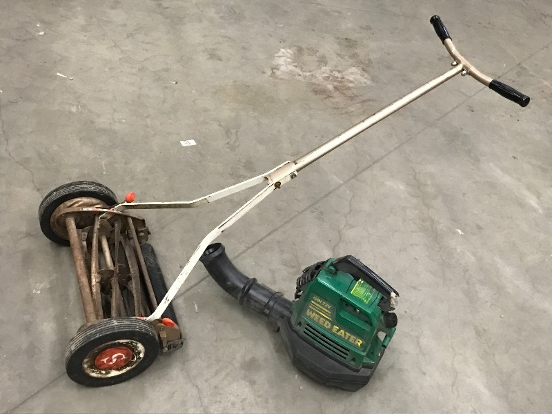 lot 61 image: (1) Vintage Reel Mower & (1) Weed E...