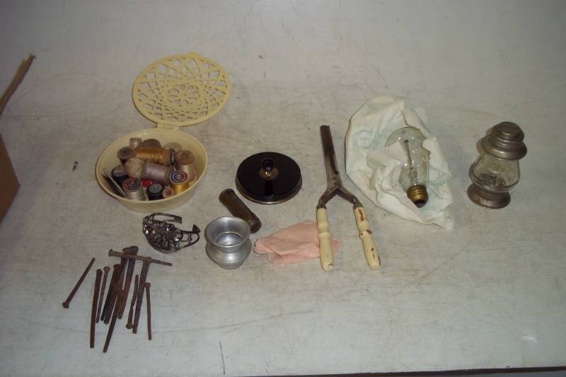 Vintage Items including Light bulb, Hair Curling Iron, Square Nails and Ect�