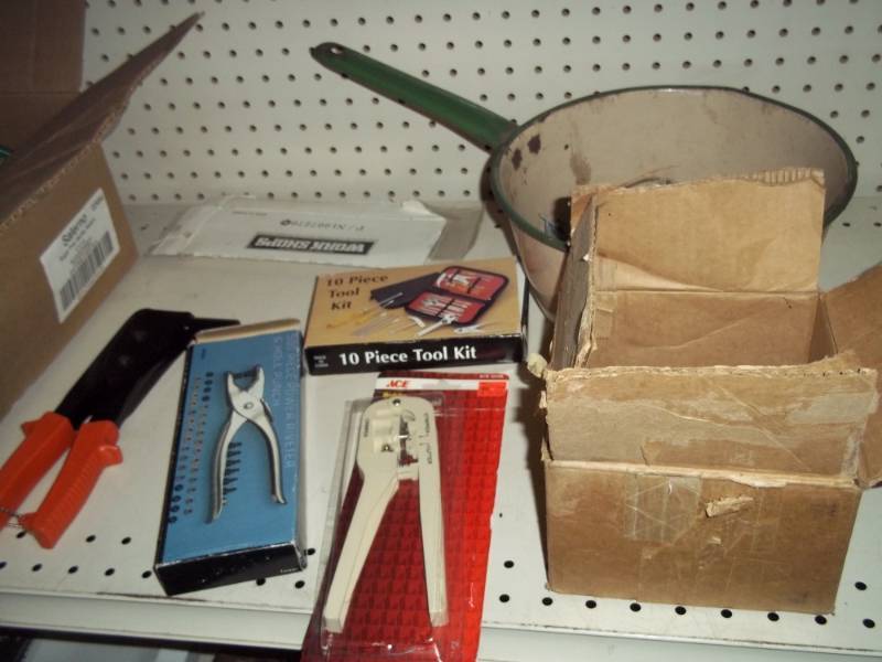 Rivet tool, nails, vintage pot, and parts