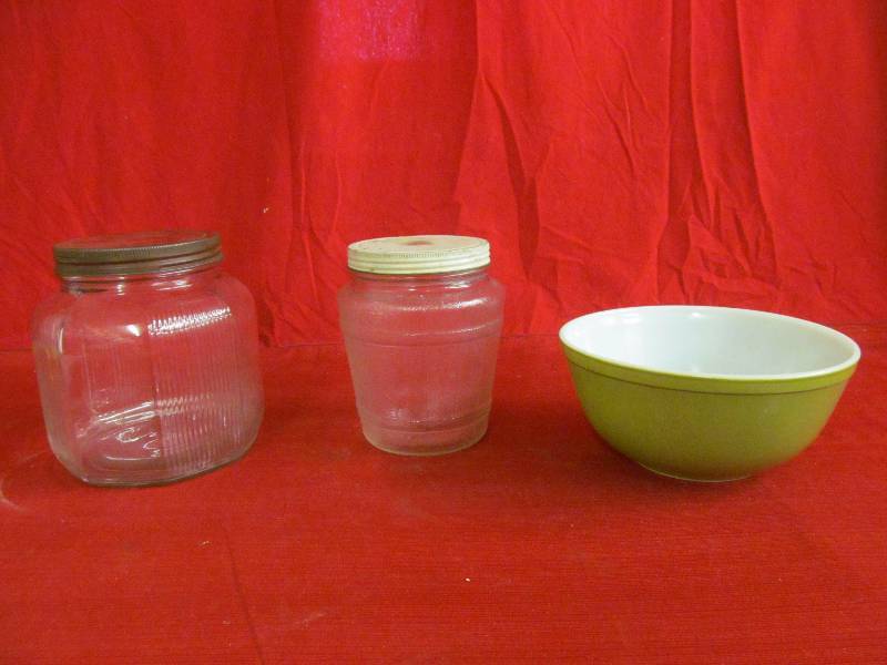 vintage jars, Pyrex bowl