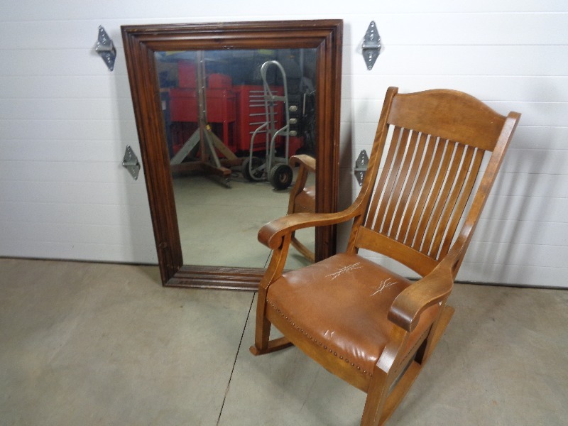 lot 100 image: Old Rocking Chair and Wood Framed Mirror