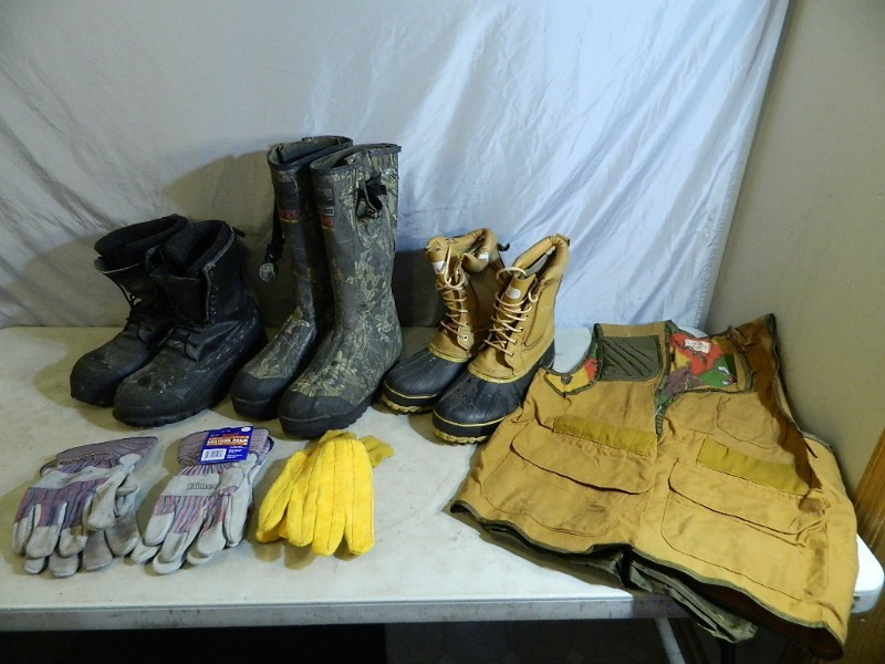 lot 34 image: Assorted Boots, Hunting Vest, Gloves