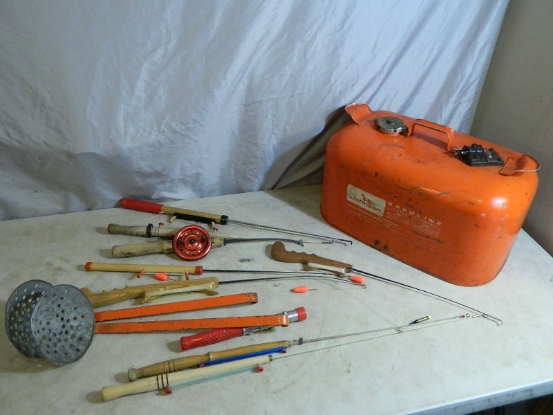 lot 36 image: Boat Gas Tank, Ice Fishing Rods, Scoops