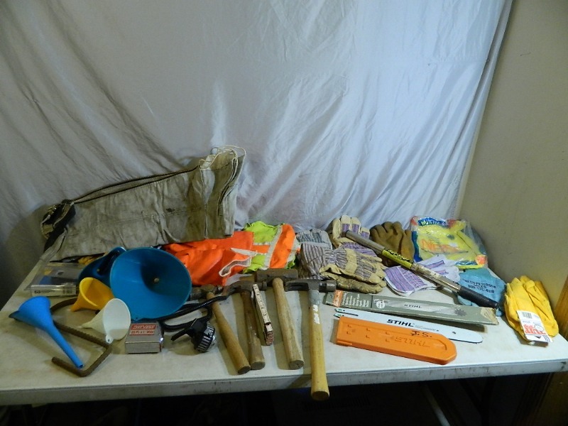 lot 44 image: Cattle Prod, New Stihl Chainsaw Bar, Gloves, Chainsaw Pants, Tools, Etc