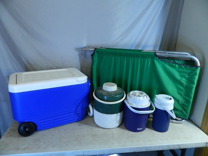lot 64 image: Cooler, Camping Cot, Water Jugs