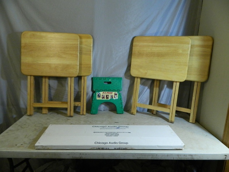 lot 203 image: Step Stool, New Speaker Stand, and Tray Tables