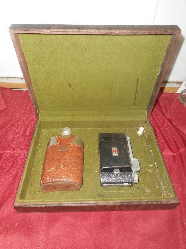 ANTIQUE WOODEN BOX AND FLASK AND VINTAGE KODAK CAMERA