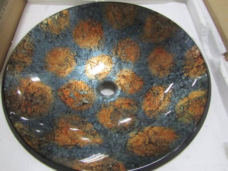 lot 27 image: Hembry Creek Glass Vessel Sink in Metallic Copper and Blue