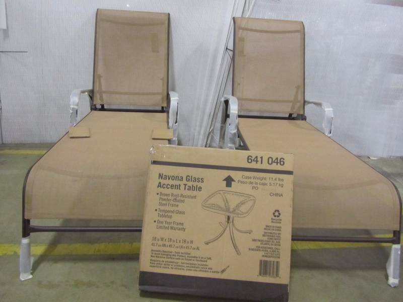 lot 35 image: (2) Navona steel sling patio chaise lounge chairs & Navona 18 glass patio side table