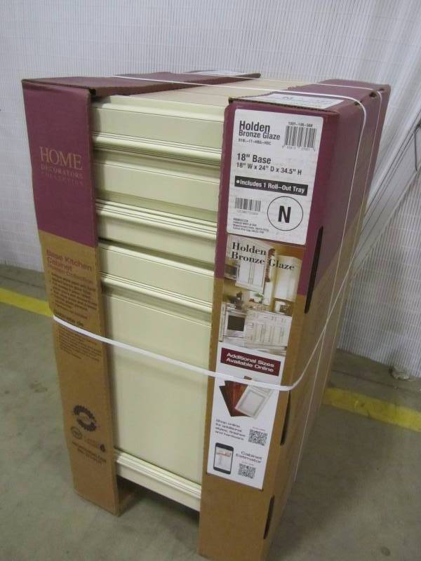 lot 52 image: Home Decorators Collection 18x34.5x24 in. Holden Base with 1 Door 1 Drawer and 1 Rollout Tray in Bronze Glaze