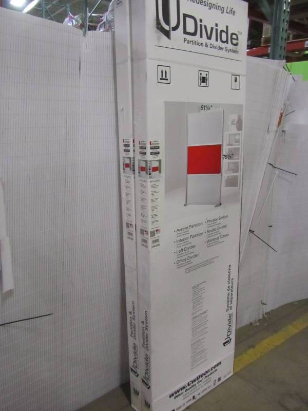 lot 62 image: (2) Contractors Udivide 51 18 x 75 38 6 panel dividers  (2 white panels 1 red)