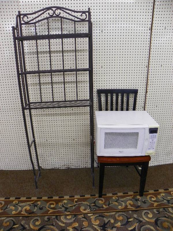 BAKERS RACK 24 WIDE X 68 TALL, CHAIR AND MICROWAVE OVEN