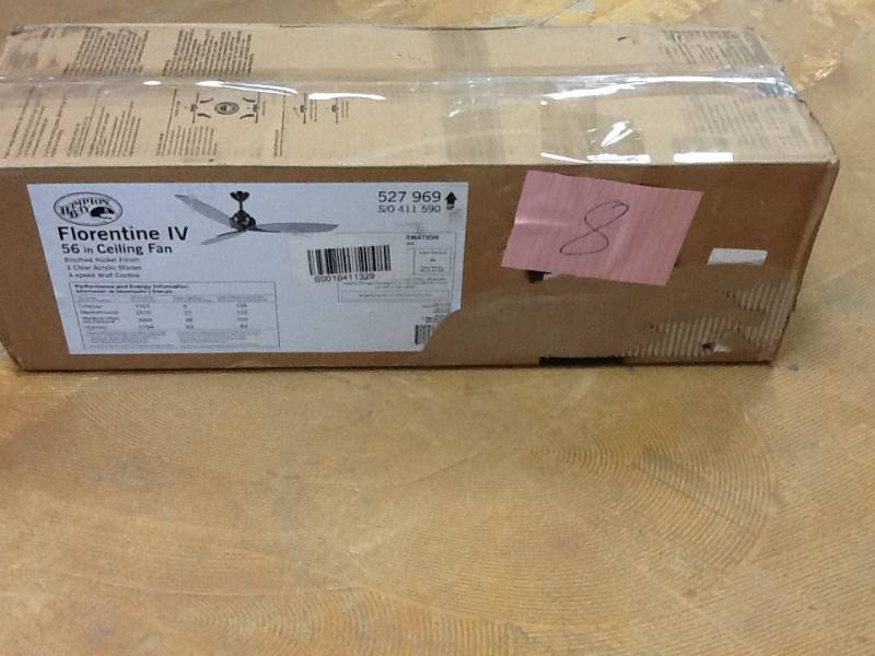 lot 8 image: Hampton Bay Florentine IV 56 in. Brushed Nickel Ceiling Fan 527969  open box never used