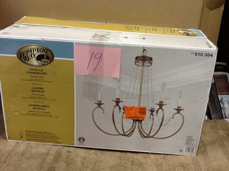 lot 19 image: Hampton Bay Estelle 6-Light Gold Hanging Chandelier Fixture 510354  open box never used