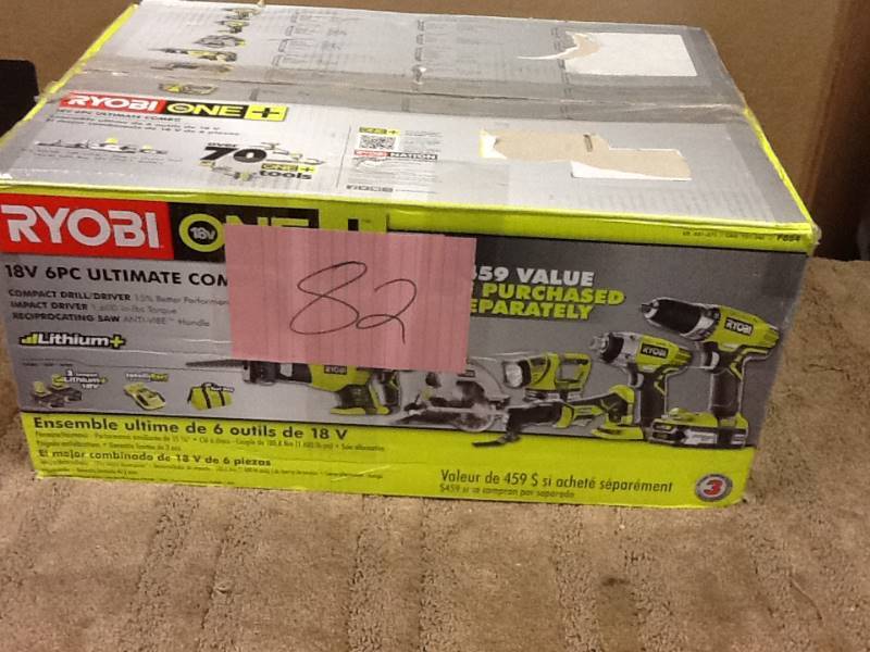 lot 82 image: Ryobi ONE 18-Volt Lithium-Ion Ultimate Combo Kit (6-Tool) in like New working conditions