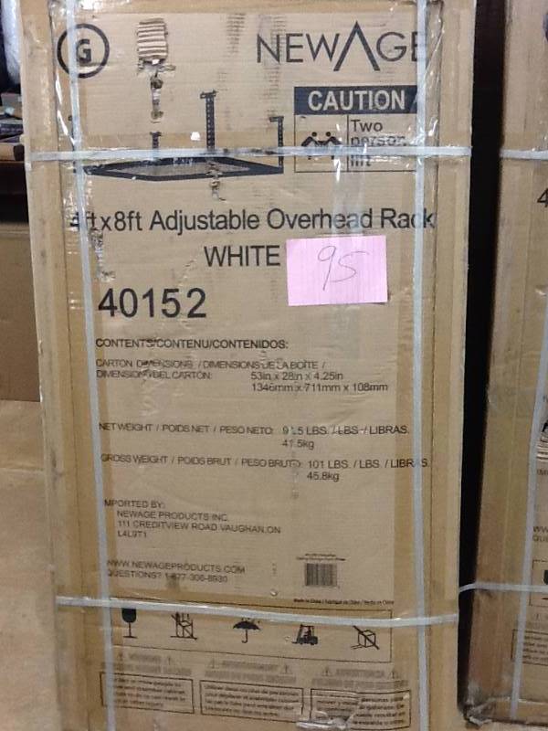 lot 95 image: NewAge Products Performance 96 in. L x 48 in. W x 42 in. H Adjustable VersaRac Ceiling Storage Rack in White