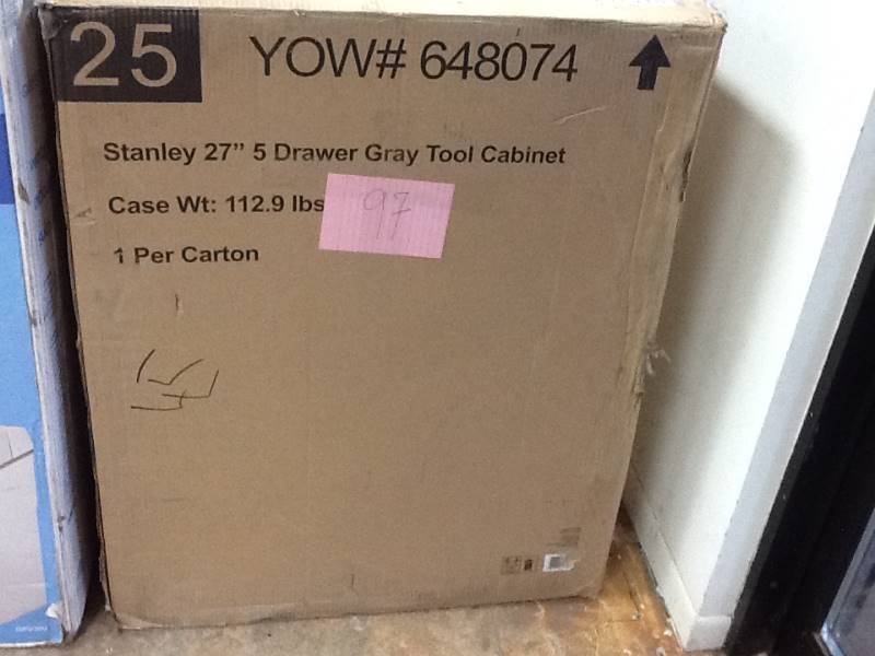 lot 97 image: Stanley 27 in. W 5-Drawer Tool Cabinet Grey Ball Bearing Slide Storage Metal open box never used
