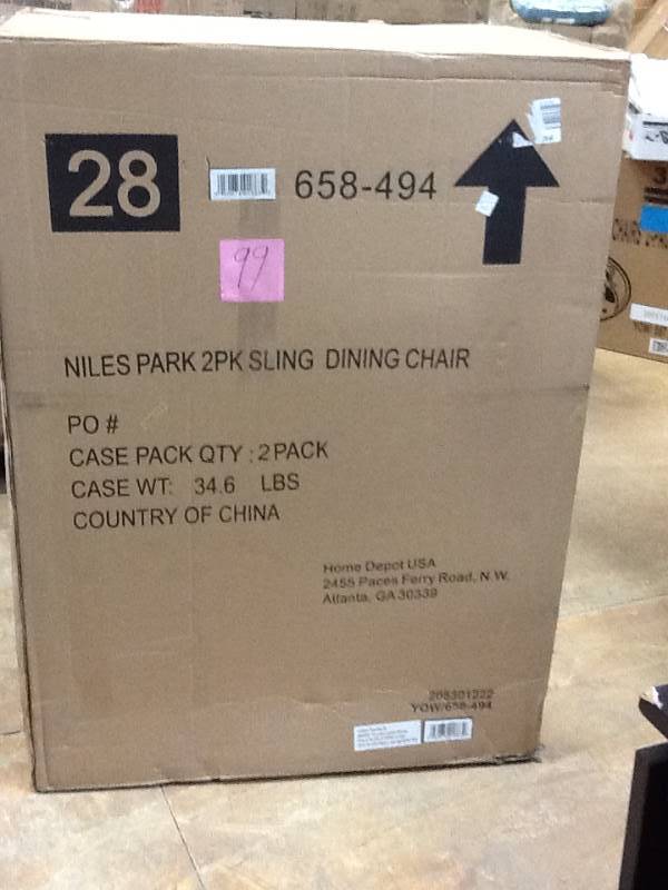 lot 99 image: Hampton Bay Niles Park Sling Patio Dining Chairs (2-Pack) open box never used Model # S2-ADH04300