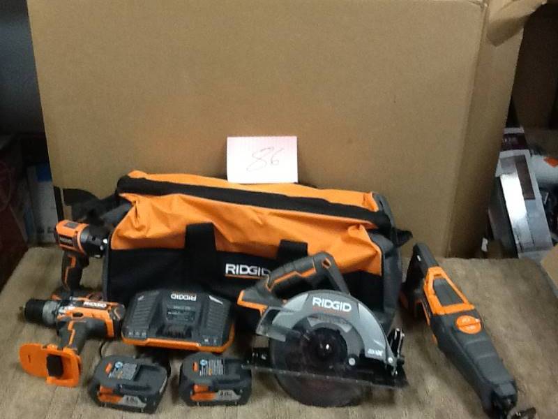lot 86 image: Ridgid X5 18V 4 PC Combo Kit Drill Driver, Reciprocating Saw, Flash Light, and circular saw